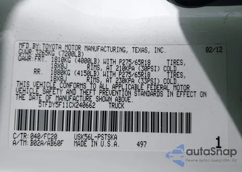 2012 Toyota Tundra Grade 5.7L V8 from USA, damaged, VIN 5TFDY5F11CX240662